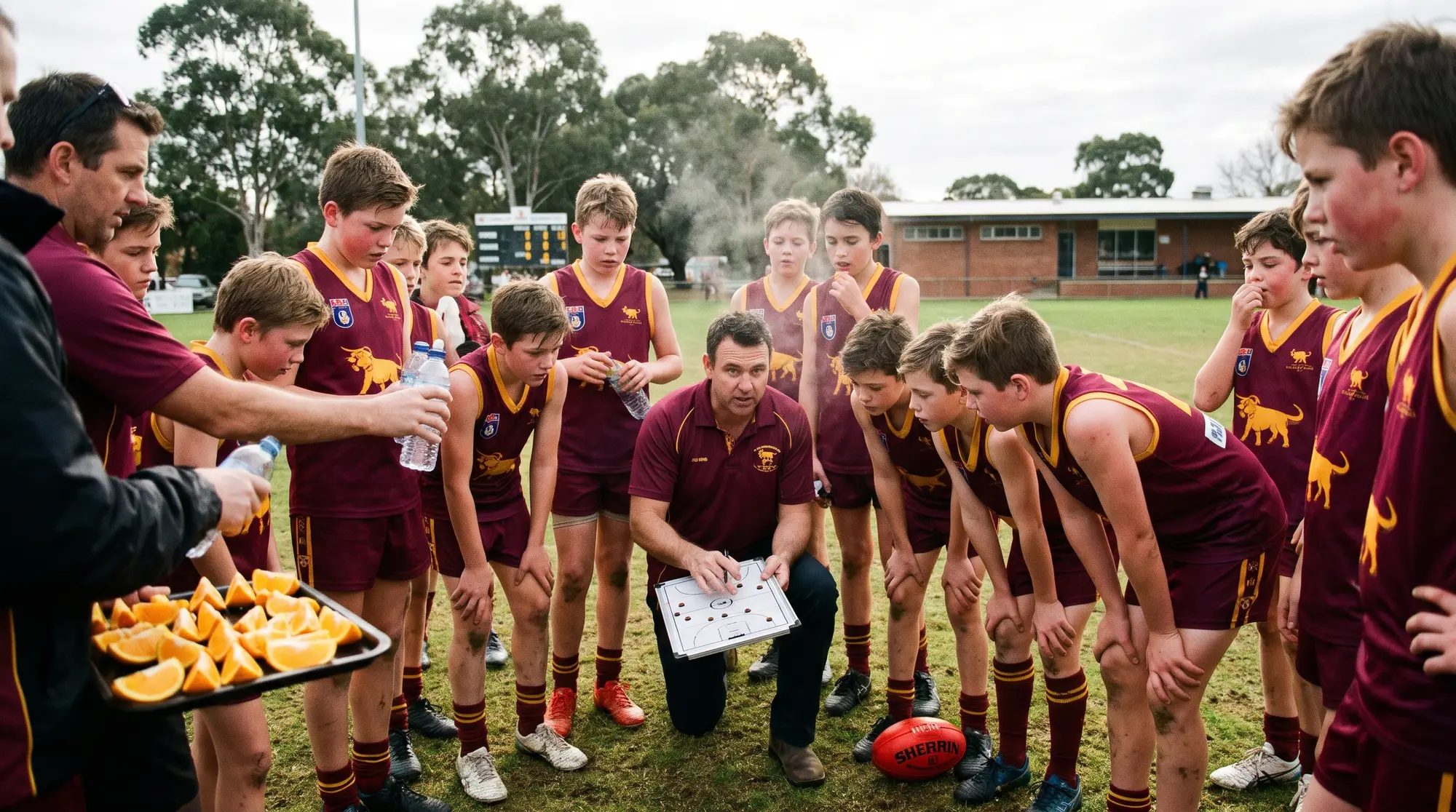 Coach talking to players in a quarter-time huddle